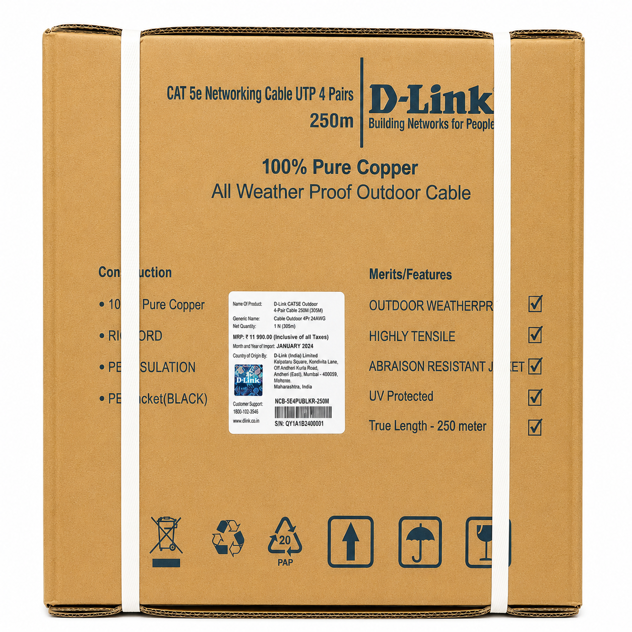 d link cat5e outdoor 4 pair cable 250m (ncb 5e4publkr 250m)